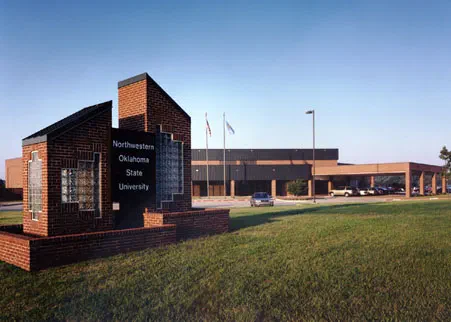 Northwestern Oklahoma State University Enid campus brick entry tower and building