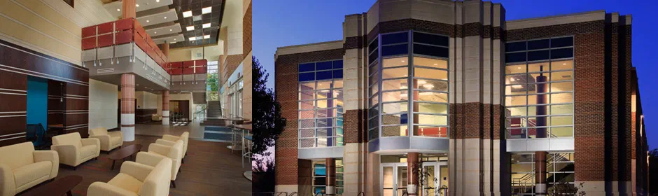 University Center at Enid High School interior lounge and exterior entrance at night